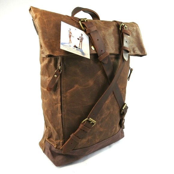 Waxed Canvas With Leather Trim Roll Top Backpack - Picture 3 of 8